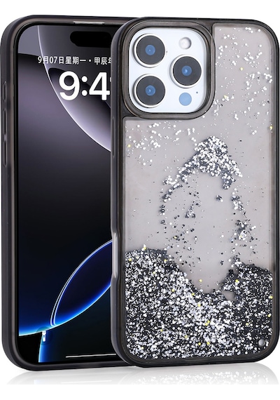 Goocamp Apple iPhone Uyumlu 14 Pro Max Kılıf Sıvılı Simli Şeffaf Arka Yüzey Keto Silikon Kapak - Siyah