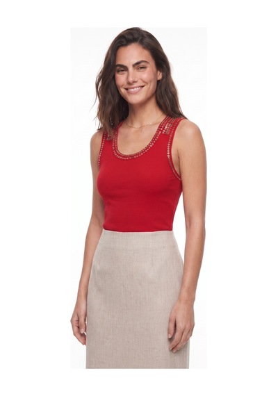 Onloox Kadın Kırmızı Kırmızı Fitilli Pamuklu Bisiklet Yaka Slim Fit Taş İşlemeli Kalın Askılı Kolsuz Bluz