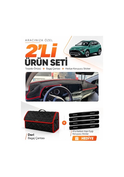 E-biz Hyundai Bayon 2021-2026 Uyumlu Torpido Örtüsü + Deri Bagaj Çantası - Siyah-kırmızı - Hu012