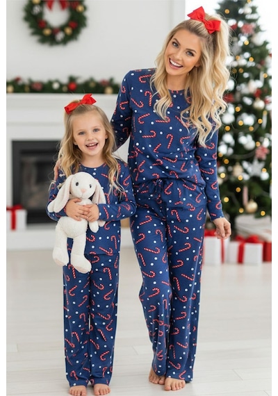 Siyah İnci %100 Pamuklu Şeker Baston Desenli Yılbaşı Temalı Örme Pijama Takım Lacivert Baston