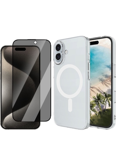 Vendas Apple Uyumlu iPhone 16 Kamera Korumalı M-safe Şarj Özellikli Şeffaf Zore London Sert Pc Kapak + Hayalet Ekran Koruyucu Şeffaf