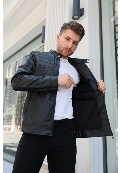 Erkek Siyah Iç Cepli Slim Fit Deri Ceket 001