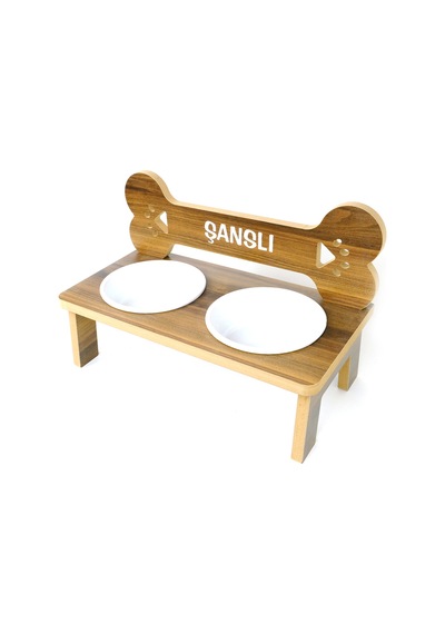 Köpek Su Ve Mama Kabı-özel Isim Baskılı-ahşap Mdf-kademelikemik-büyük Irk-seramikbeyazkase-2 1000ml