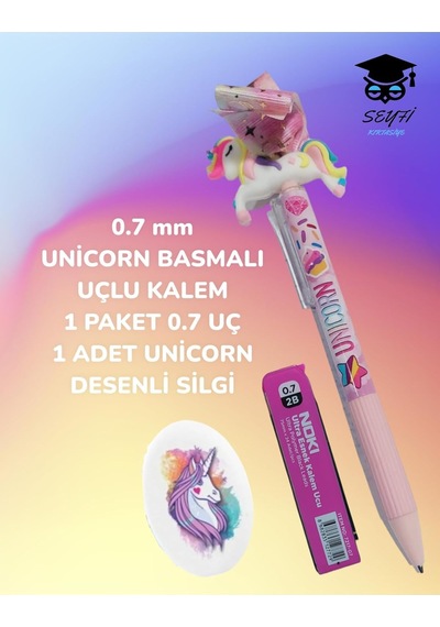 Seyfikirtasiye 0.7 Mm Unicorn Basmali Uçlu Kalem, Pembe, Silgi Hediyeli