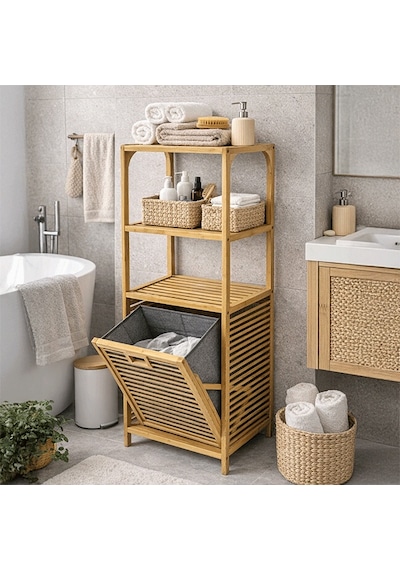 Bambu 3 Raflı Kirli Sepeti, Çok Amaçlı Banyo Düzenleyici, Çamaşır Sepeti Organizer, Raf Bambu