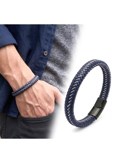 Premium Boğaz Çelik İp Örme Lacivert Deri Erkek Bileklik - Titanyum Kilitli 31833b4d21 - 20 Cm