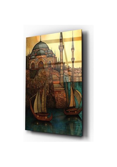 Osmanlı İstanbul Cam Tablo Tarihi Cami Ve Kayıklar Duvar Dekoru Ev Ve Ofis Dekorasyonu