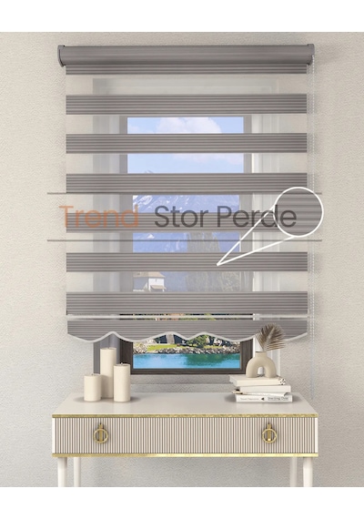 Geniş Plise Gri Etek Dilimli Zebra Stor Güneşlik Perde Kırık Gri