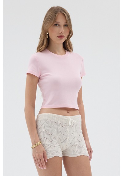 Urbantrendstore Kadın Bisiklet Yaka Likralı Kısa Kol Body Crop Bluz Günlük Şık Sade Yazlık Casual Crop Kadın Crop Pembe