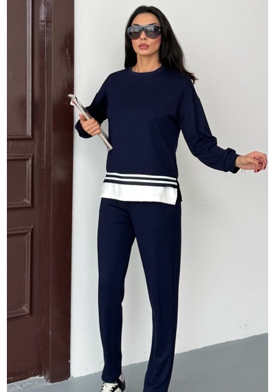 Ded Collectıon Kadın Yanı Yırtmaçlı İnce Şerit Detaylı Uzun Kol Sweatshirt Modal Takım Lacivert Ded Collectıon Kadın Yanı Yırtmaçlı İnce Şerit Detaylı Uzun Kol Sweatshirt Modal Takım Lacivert
