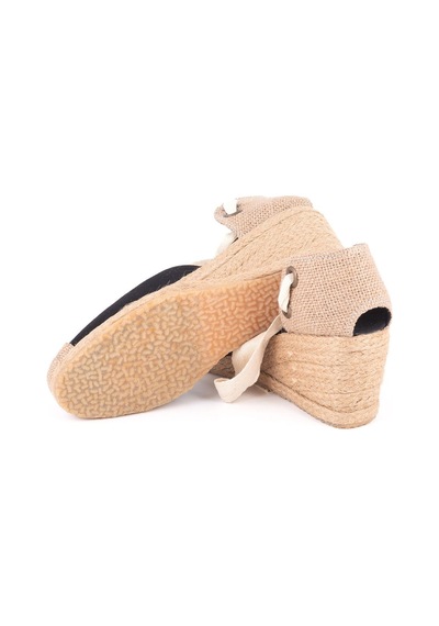 Star Tombis Gerçek Elişi Siyah Ipli Dolgu Topuk Keten Espadril Handmade Siyah