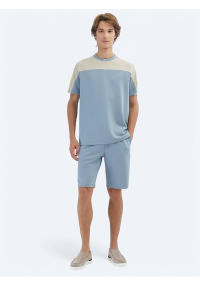 Kip Mavi Düz Bisiklet Yaka T-shirt Mavi