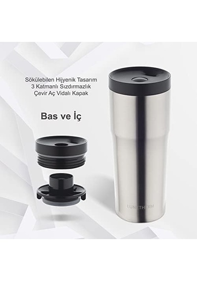 Sızdırmaz Vakumlu Çıft Katmanlı Çelik Bardak Termos 480 Ml 6 Saat Sıcak / 12 Saat Soğuk - Metalik Gri Açık Bej