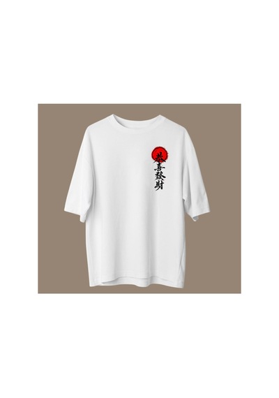 Qmen Style Unisex Beyaz Oversize Baskılı T-shirt Japon %100 Pamuk