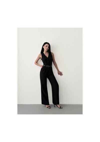 Wellway Kemerli Düğme Detaylı Bele Oturan Keten Tulum-siyah-7362 Siyah