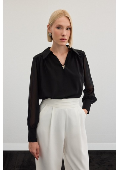 Sateen Aksesuarlı Salaş Bluz - Siyah-136471 Siyah