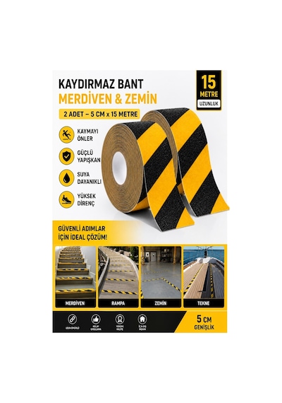Merdiven Kaydırmaz Bant Sarı Siyah 50mm 2 Adet Mas Güvenlik Uyarı Bandı 15 Metre 5 Cm Yapışkanlı Basamak Mermer Beton