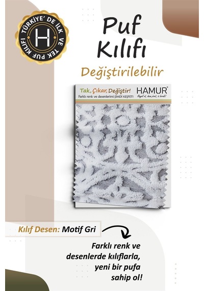 Yıkanabilir Puf Tabure Kılıfı Tak-Çıkar-Değiştir-Yenile Orta Sehpa Kılıfı By Motif Gri