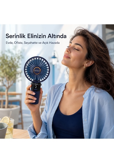 Şarjlı El Vantilatörü 5 Kademeli, Katlanabilir Dijital Ekranlı Mini El Fanı, 1200 Mah, 5 Pervaneli Güçlü Hava Akışı, Standlı Masaüstü Fan, Usb Şarjlı - Lacivert