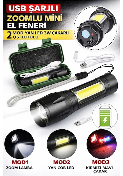 Usb Şarjlı Zoomlu Mini El Feneri 3 Mod Yan Cob Led Çakar Q5 Güçlü Işık Kutulu