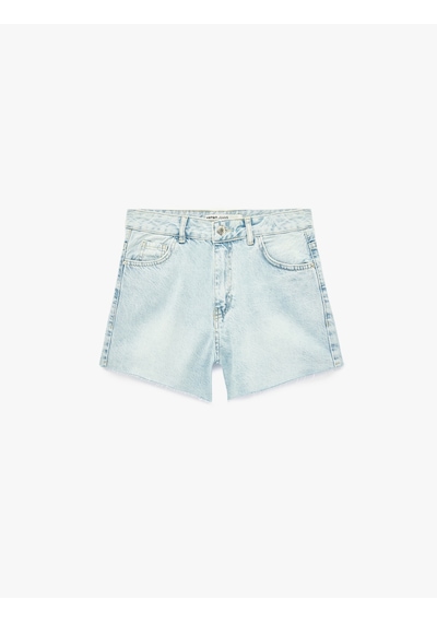 Koton Pamuklu Cepli Düğmeli Istakoz Nakış Detaylı Mini Denim Şort Açık İndigo 6sal40244md