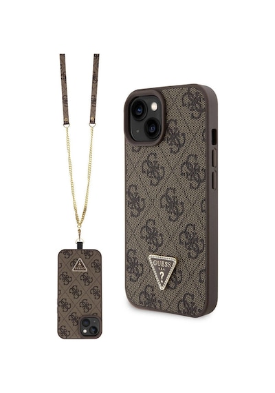 Apple Uyumlu iPhone 15 Kılıf Guess Lisans Pu Deri Askılı Taşlı Üçgen Logo 4g Desen Strass Crossbody Siyah
