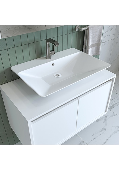 Banos Banyo Roomart Lavabolu Mat Beyaz Mdf 85 Cm Banyo Dolabı+Ayn Mat Beyaz
