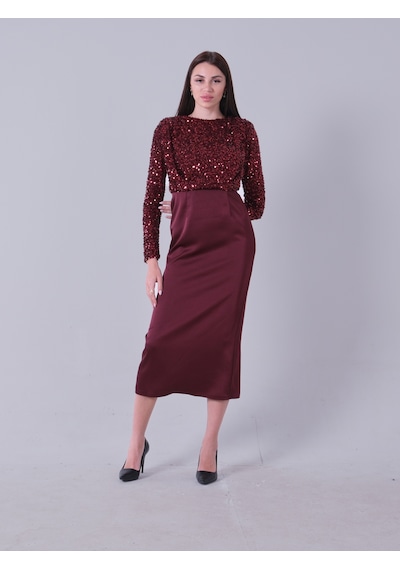Feminist Bordo Üst Pul Payet İşlemeli Altı Krep Tesettür Abiye 6502503.04