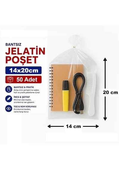 Jokey Ambalaj 14x20cm Berrak, Dayanıklı Bantsız Jelatin E-ticaret, Aksesuar Saklama Poşeti 50 Adet