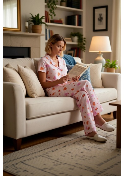 Benerly Kadın Gömlek Yaka Kısa Kol Eğlence Desenli Pijama Takımı Regular Pembe