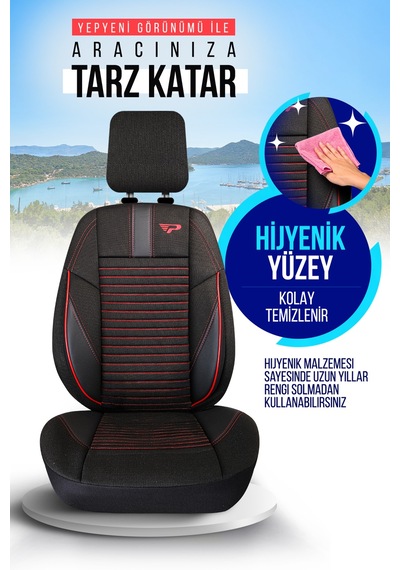 Siyah - Kırmızı Panda Detroit Serısı Keten Kumaş Oto Koltuk Kılıfı - Tam Set