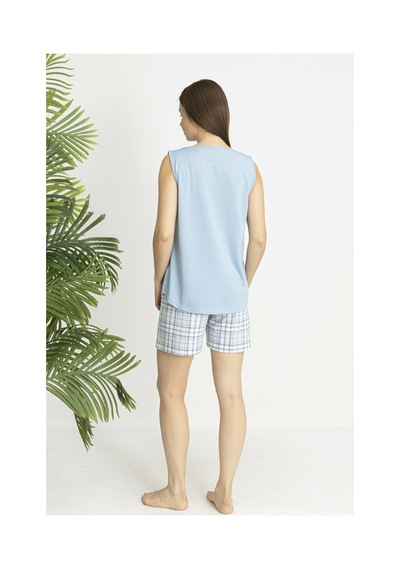 Estiva Kadın Kareli Alt Desenli Mavi Kolsuz Şortlu Penye Lycra Pijama Takımı Çok renkli