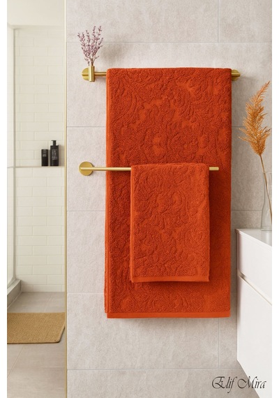 Banyo & Yüz Havlusu Seti %100 Pamuk 90x150 + 50x90 Cm Amorivy Kiremit
