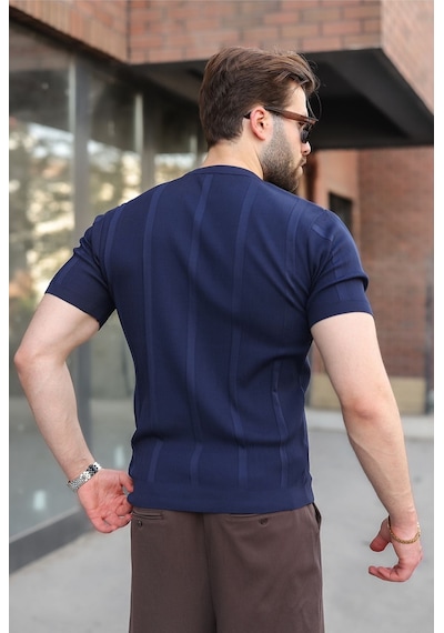 Madmext Lacivert Regular Fit Bisiklet Yaka Fitilli Triko Erkek Tişört E7490