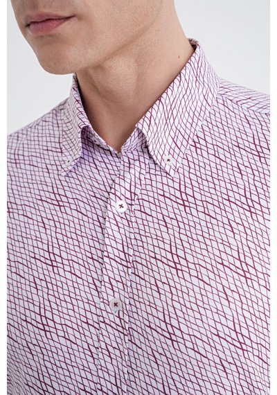 Slim Fit Pamuklu Baskılı Desen Yaka Düğmeli Bordo Gömlek G 1603