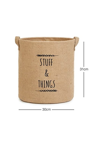 Ocean Home Textile Baskılı Jüt Silindir Sepet //30x31 Aahşap
