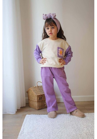 Miniko Kids Kız Çocuk Kol Triko Modelli Punch İşlemeli Gabardin Pantolonlu 2li Takım Lila