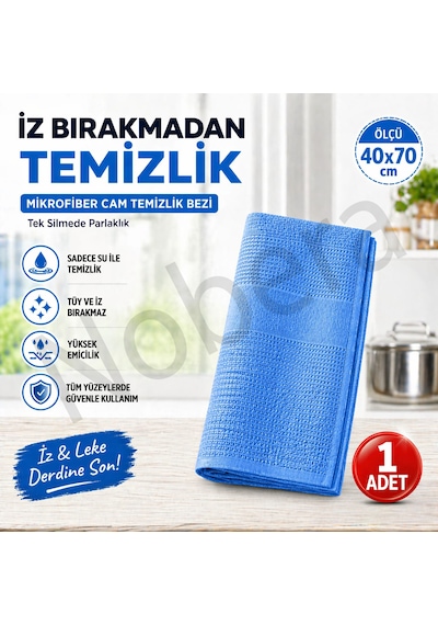 Nobera Mikrofiber Oto Cam Bezi 1 Adet 40x70 İz Bırakmayan Cam & Yüzey Temizlik Bezi Mavi