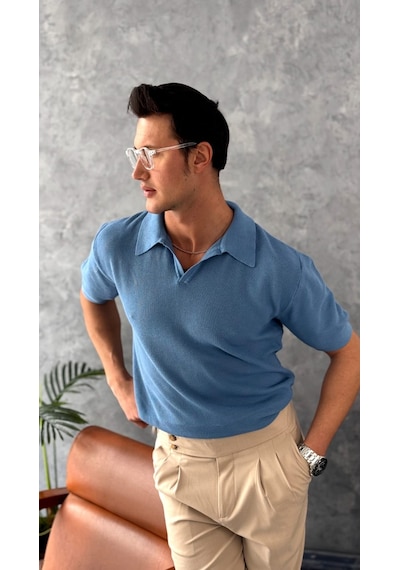 Modefendi Polo Yaka Örme Triko Tshirt İndigo