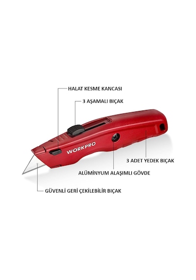 Workpro Wp213017 Ağır Hizmet Alüminyum Gövde Geri Çekilebilir Rötuş Maket Bıçağı + 3 Adet Yedek Bıçak