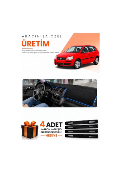 Volkswagen Polo Dürbün 2001-2009 Uyumlu Torpido Koruma Örtüsü Oto Kılıfı - Siyah Mavi