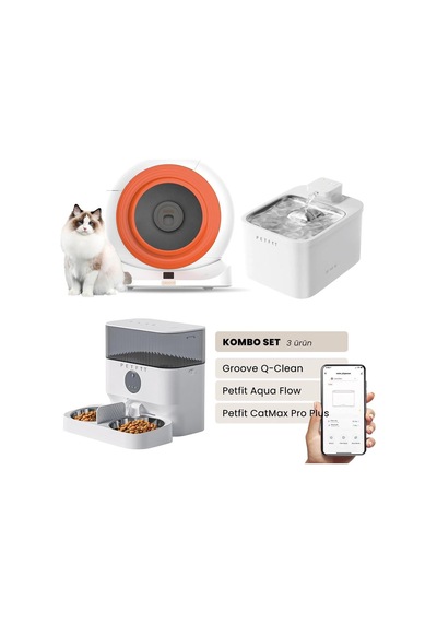 Groove Q-clean Akıllı Otomatik Kedi Tuvaleti Turuncu - Petfit Aqua Flow Akıllı Bataryalı Su Pınarı Çeşmesi + Petfit Catmax Pro Plus Akıllı Otomatik Mama Kabı Bundle