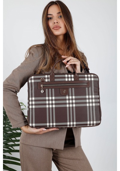 Silver & Polo Silver Polo Kahve - Kahve Çizgili Ekose Kadın Laptop Ve Evrak Çantası Sp1175
