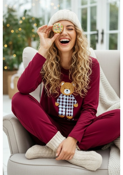Siyah İnci Ayıcık Baskılı Örme Pijama Takım 7968 Bordo Siyah İnci Ayıcık Baskılı Örme Pijama Takım 7968 Bordo