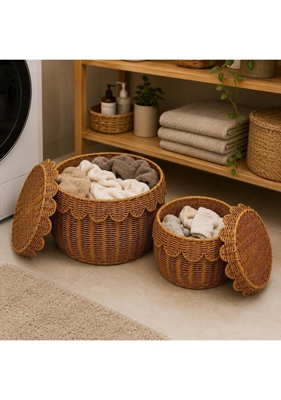 Tr 2'li Rattan Sepet Organizer Kapaklı Hasır Saklama Sepeti Seti Dekoratif Çok Amaçlı Düzenleyici Sepet Büyük Ve Diğer
