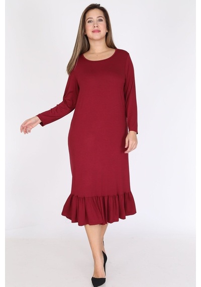 Bordo Uzun Kollu Büyük Beden Elbise 12C-0786 Bordo