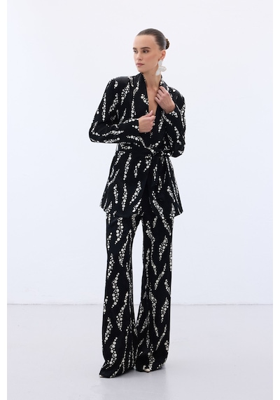 Sateen Desenli Uzun Ceket - Siyah-136474 Siyah
