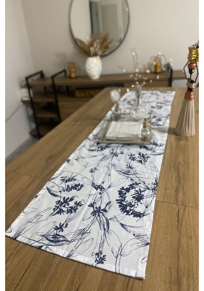 40x150 Lacivert Çiçekli İnce Keten Dekoratif Runner