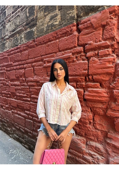 WeShaya Pembe Çizgili Cepli Gömlek Pembe
