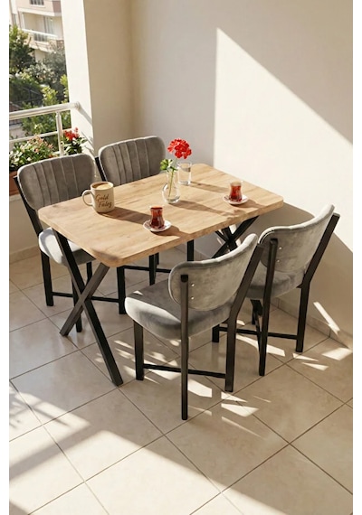 Sandalye 4 Adet Baby Face Kumaş Metal Ayak Modern Mutfak Sandalyesi Cafe Balkon Ofis Elma Gri